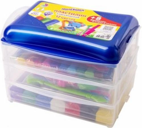 Пластилин в боксе, 12 цветов + скалка, 4 стека, 8 форочек (105866)